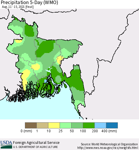 Bangladesh Precipitation 5-Day (WMO) Thematic Map For 8/11/2021 - 8/15/2021