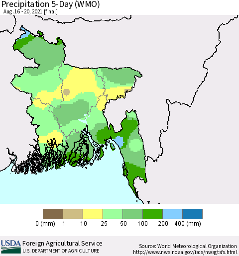 Bangladesh Precipitation 5-Day (WMO) Thematic Map For 8/16/2021 - 8/20/2021