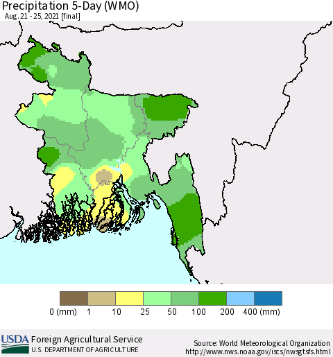 Bangladesh Precipitation 5-Day (WMO) Thematic Map For 8/21/2021 - 8/25/2021