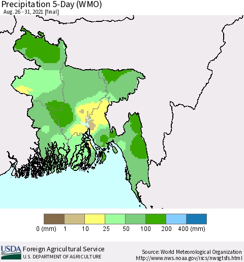 Bangladesh Precipitation 5-Day (WMO) Thematic Map For 8/26/2021 - 8/31/2021