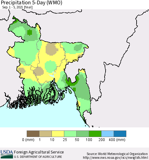 Bangladesh Precipitation 5-Day (WMO) Thematic Map For 9/1/2021 - 9/5/2021