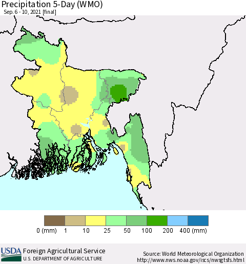 Bangladesh Precipitation 5-Day (WMO) Thematic Map For 9/6/2021 - 9/10/2021