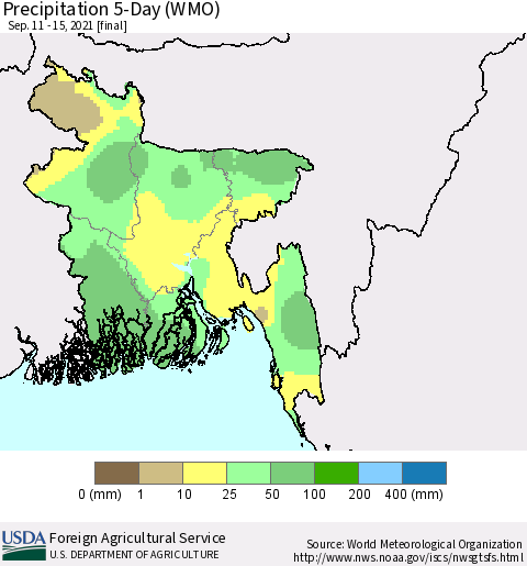 Bangladesh Precipitation 5-Day (WMO) Thematic Map For 9/11/2021 - 9/15/2021