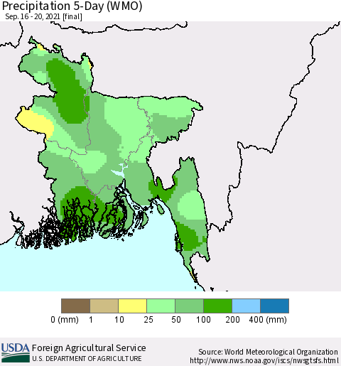 Bangladesh Precipitation 5-Day (WMO) Thematic Map For 9/16/2021 - 9/20/2021