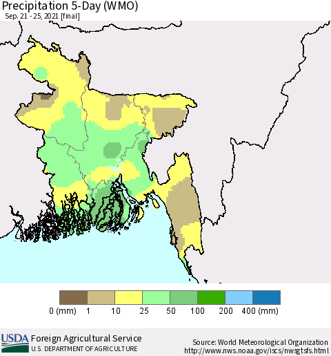 Bangladesh Precipitation 5-Day (WMO) Thematic Map For 9/21/2021 - 9/25/2021