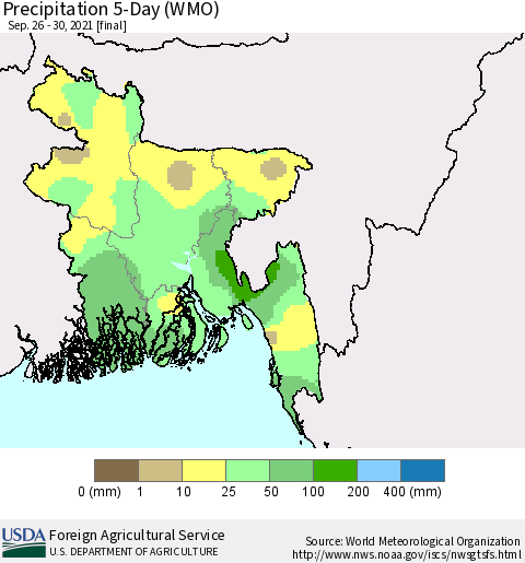 Bangladesh Precipitation 5-Day (WMO) Thematic Map For 9/26/2021 - 9/30/2021