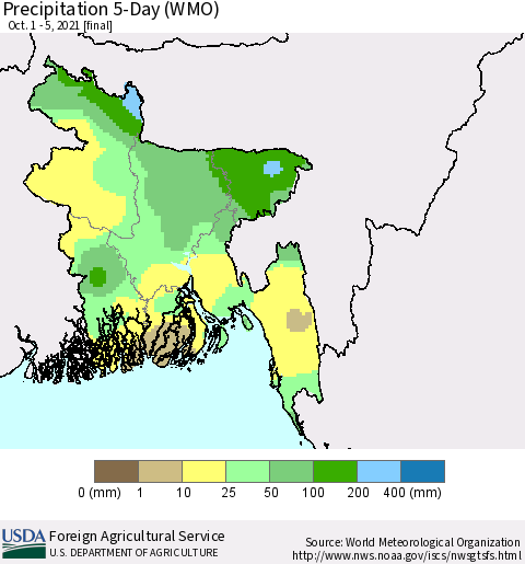 Bangladesh Precipitation 5-Day (WMO) Thematic Map For 10/1/2021 - 10/5/2021