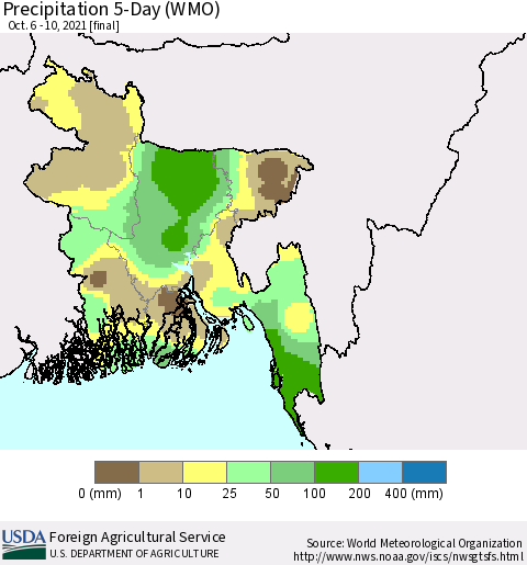 Bangladesh Precipitation 5-Day (WMO) Thematic Map For 10/6/2021 - 10/10/2021