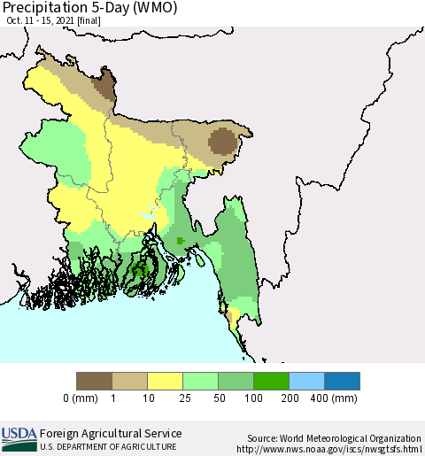 Bangladesh Precipitation 5-Day (WMO) Thematic Map For 10/11/2021 - 10/15/2021