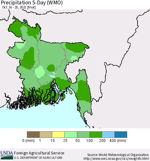 Bangladesh Precipitation 5-Day (WMO) Thematic Map For 10/16/2021 - 10/20/2021