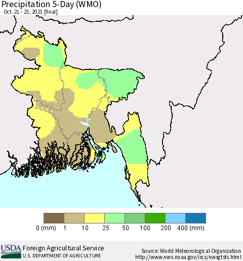 Bangladesh Precipitation 5-Day (WMO) Thematic Map For 10/21/2021 - 10/25/2021