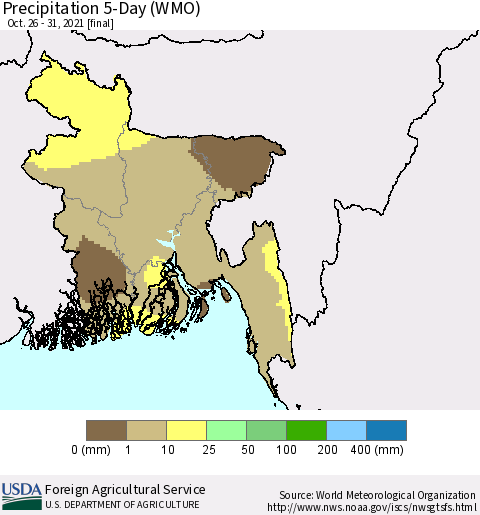 Bangladesh Precipitation 5-Day (WMO) Thematic Map For 10/26/2021 - 10/31/2021