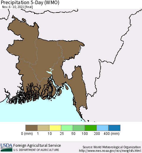 Bangladesh Precipitation 5-Day (WMO) Thematic Map For 11/6/2021 - 11/10/2021