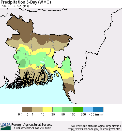 Bangladesh Precipitation 5-Day (WMO) Thematic Map For 11/11/2021 - 11/15/2021