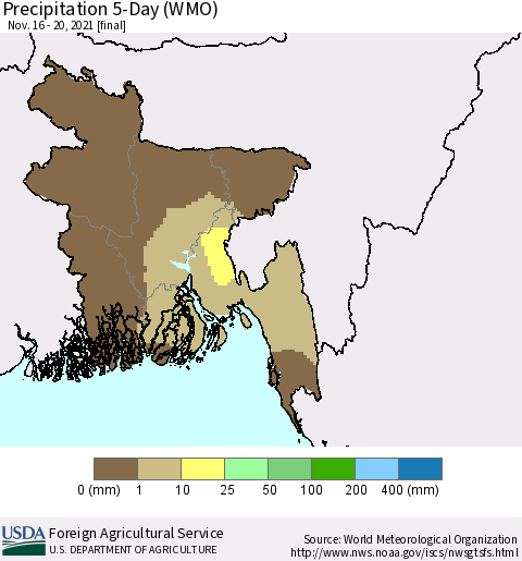 Bangladesh Precipitation 5-Day (WMO) Thematic Map For 11/16/2021 - 11/20/2021