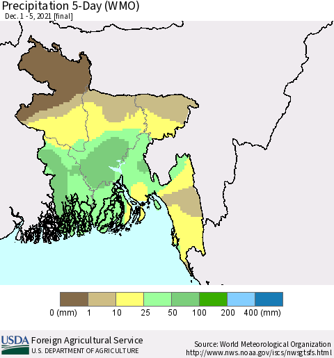 Bangladesh Precipitation 5-Day (WMO) Thematic Map For 12/1/2021 - 12/5/2021