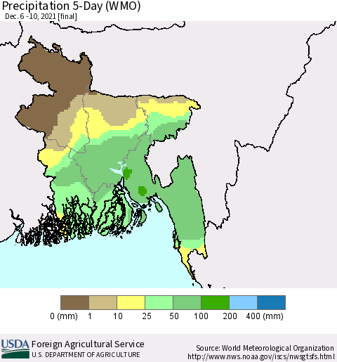 Bangladesh Precipitation 5-Day (WMO) Thematic Map For 12/6/2021 - 12/10/2021