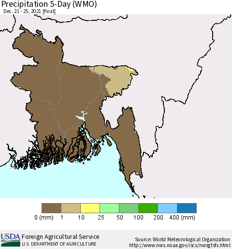 Bangladesh Precipitation 5-Day (WMO) Thematic Map For 12/21/2021 - 12/25/2021