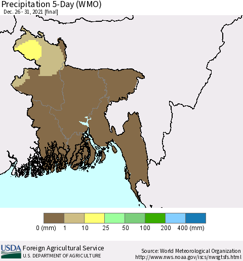Bangladesh Precipitation 5-Day (WMO) Thematic Map For 12/26/2021 - 12/31/2021