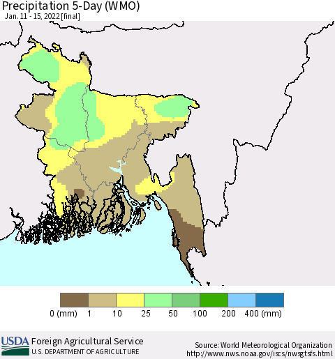 Bangladesh Precipitation 5-Day (WMO) Thematic Map For 1/11/2022 - 1/15/2022