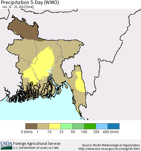 Bangladesh Precipitation 5-Day (WMO) Thematic Map For 1/21/2022 - 1/25/2022