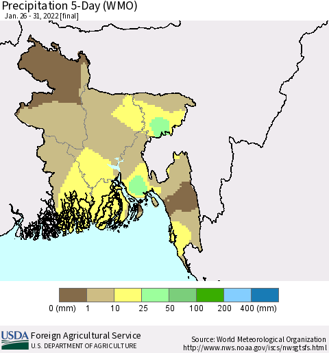 Bangladesh Precipitation 5-Day (WMO) Thematic Map For 1/26/2022 - 1/31/2022