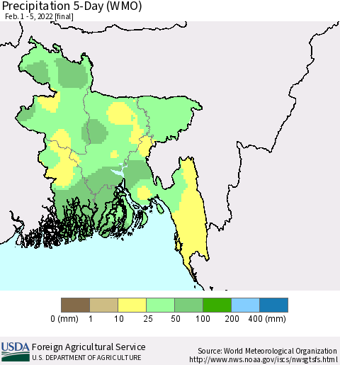 Bangladesh Precipitation 5-Day (WMO) Thematic Map For 2/1/2022 - 2/5/2022