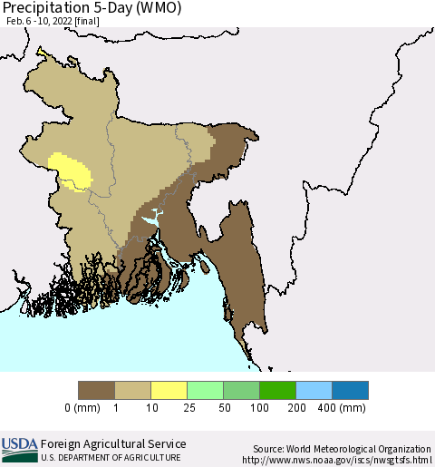 Bangladesh Precipitation 5-Day (WMO) Thematic Map For 2/6/2022 - 2/10/2022