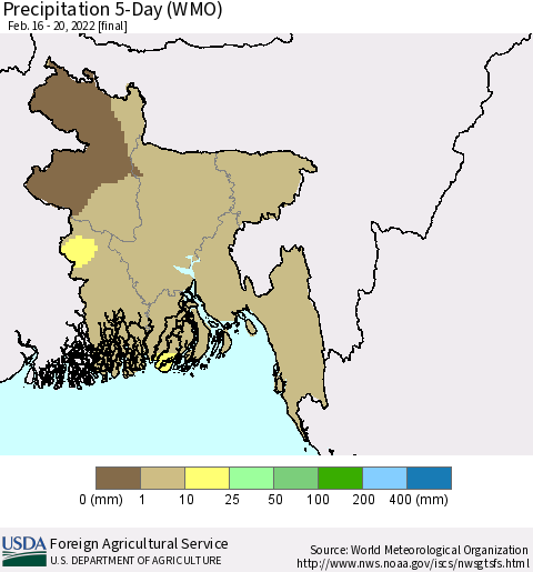 Bangladesh Precipitation 5-Day (WMO) Thematic Map For 2/16/2022 - 2/20/2022