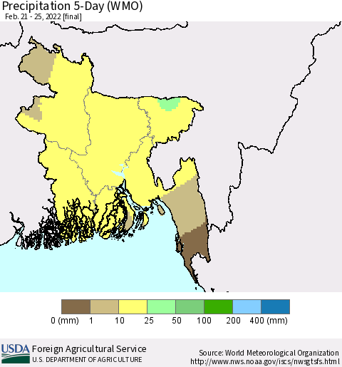 Bangladesh Precipitation 5-Day (WMO) Thematic Map For 2/21/2022 - 2/25/2022