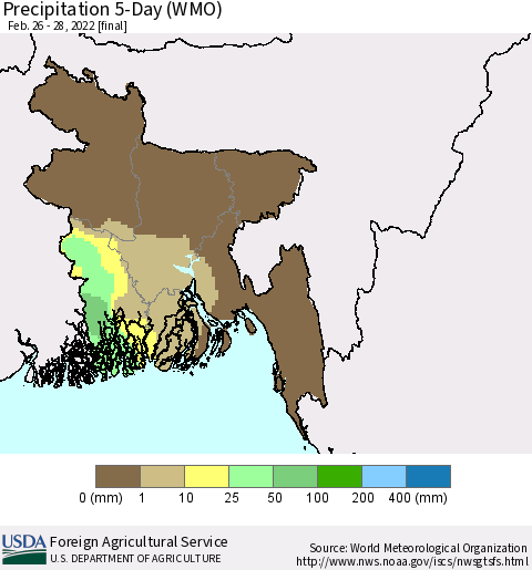 Bangladesh Precipitation 5-Day (WMO) Thematic Map For 2/26/2022 - 2/28/2022