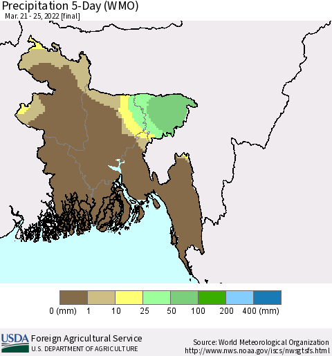 Bangladesh Precipitation 5-Day (WMO) Thematic Map For 3/21/2022 - 3/25/2022