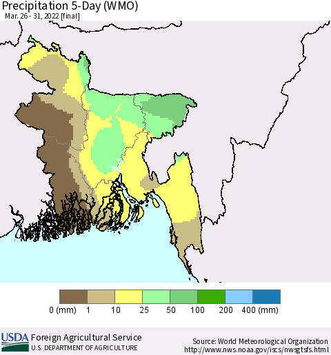Bangladesh Precipitation 5-Day (WMO) Thematic Map For 3/26/2022 - 3/31/2022