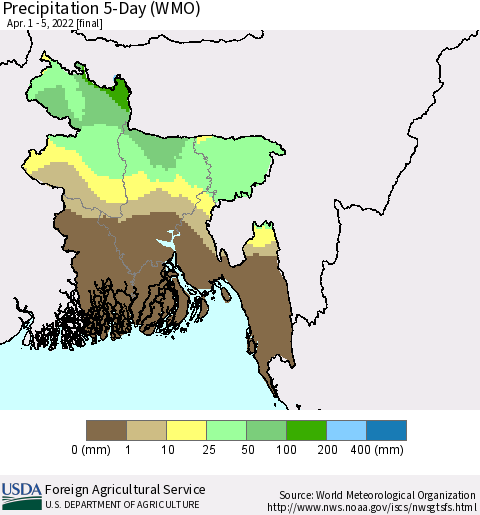 Bangladesh Precipitation 5-Day (WMO) Thematic Map For 4/1/2022 - 4/5/2022