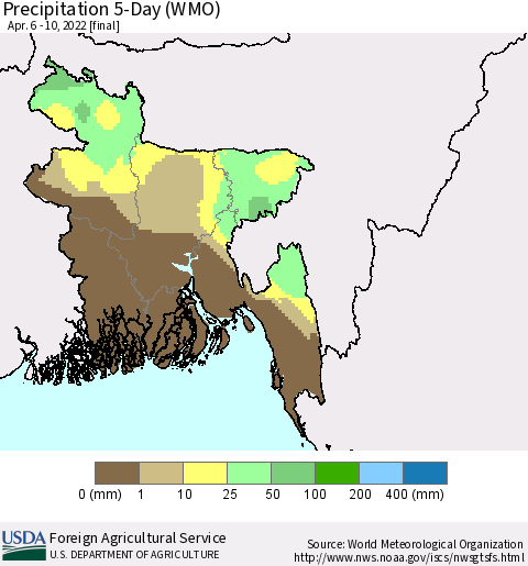 Bangladesh Precipitation 5-Day (WMO) Thematic Map For 4/6/2022 - 4/10/2022