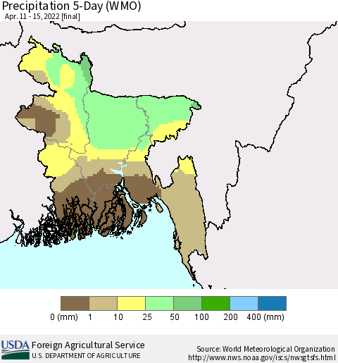 Bangladesh Precipitation 5-Day (WMO) Thematic Map For 4/11/2022 - 4/15/2022