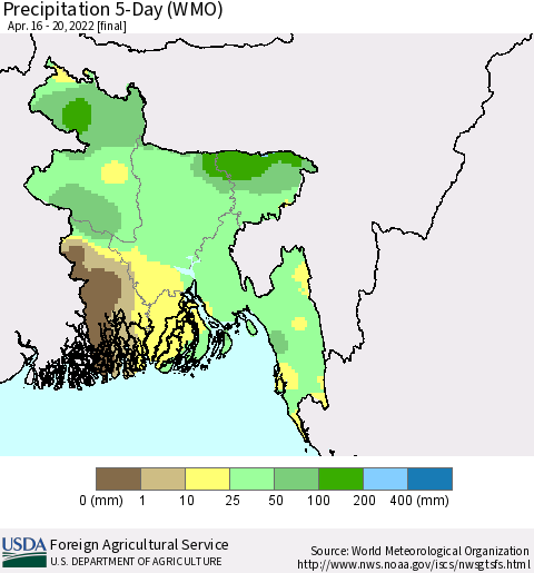 Bangladesh Precipitation 5-Day (WMO) Thematic Map For 4/16/2022 - 4/20/2022
