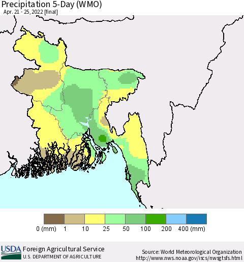 Bangladesh Precipitation 5-Day (WMO) Thematic Map For 4/21/2022 - 4/25/2022