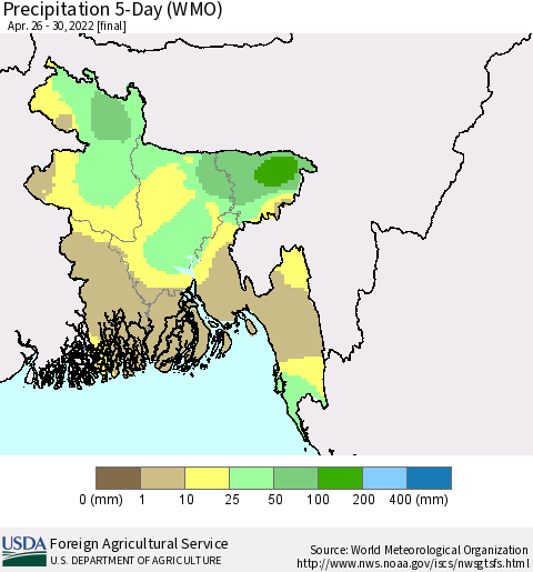 Bangladesh Precipitation 5-Day (WMO) Thematic Map For 4/26/2022 - 4/30/2022