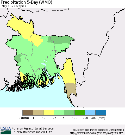 Bangladesh Precipitation 5-Day (WMO) Thematic Map For 5/1/2022 - 5/5/2022