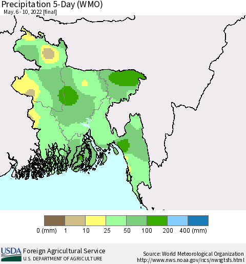Bangladesh Precipitation 5-Day (WMO) Thematic Map For 5/6/2022 - 5/10/2022