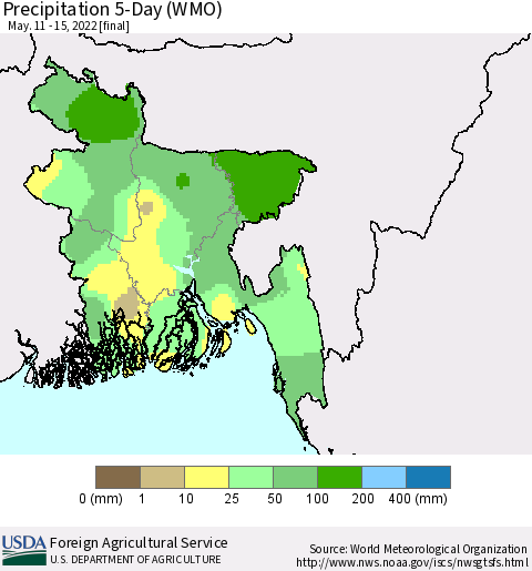 Bangladesh Precipitation 5-Day (WMO) Thematic Map For 5/11/2022 - 5/15/2022