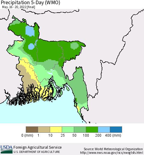 Bangladesh Precipitation 5-Day (WMO) Thematic Map For 5/16/2022 - 5/20/2022