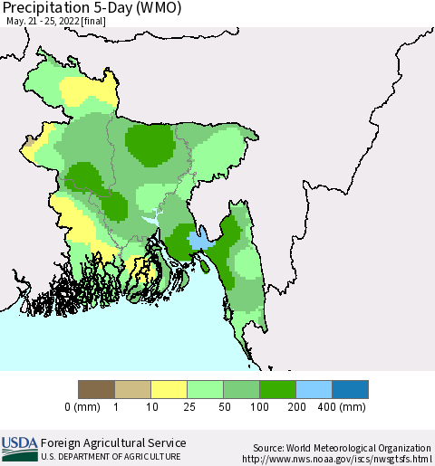 Bangladesh Precipitation 5-Day (WMO) Thematic Map For 5/21/2022 - 5/25/2022