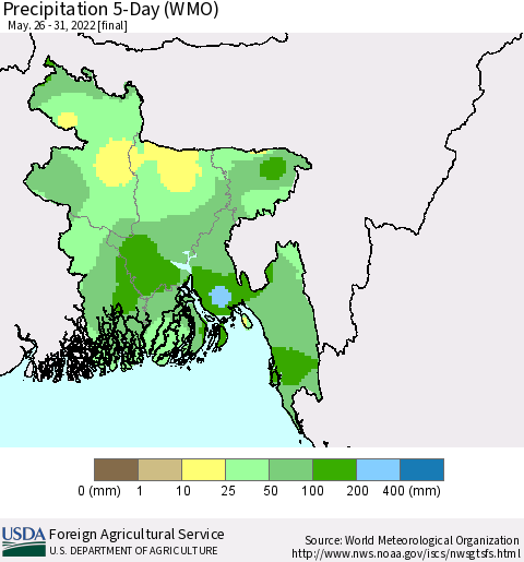 Bangladesh Precipitation 5-Day (WMO) Thematic Map For 5/26/2022 - 5/31/2022