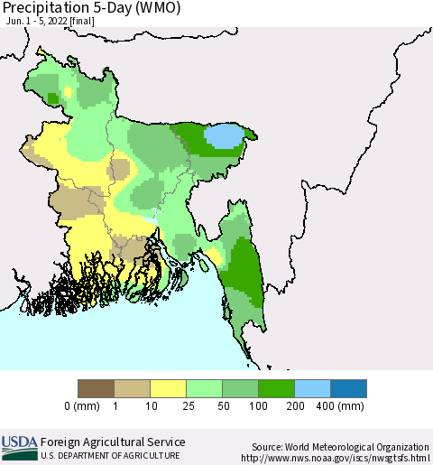 Bangladesh Precipitation 5-Day (WMO) Thematic Map For 6/1/2022 - 6/5/2022