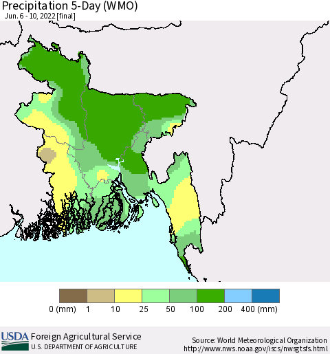 Bangladesh Precipitation 5-Day (WMO) Thematic Map For 6/6/2022 - 6/10/2022