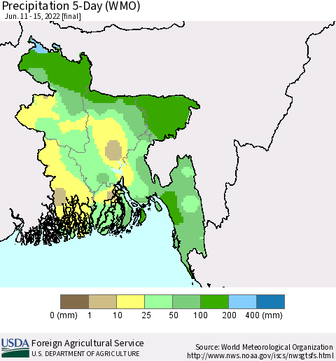 Bangladesh Precipitation 5-Day (WMO) Thematic Map For 6/11/2022 - 6/15/2022