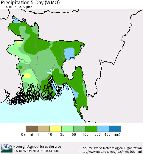 Bangladesh Precipitation 5-Day (WMO) Thematic Map For 6/16/2022 - 6/20/2022