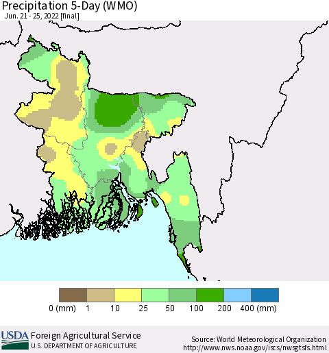 Bangladesh Precipitation 5-Day (WMO) Thematic Map For 6/21/2022 - 6/25/2022